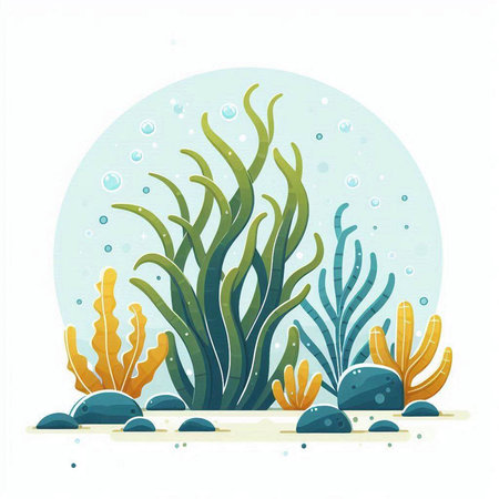 Underwater landscape with seaweed. Vector illustration in flat style.のイラスト素材