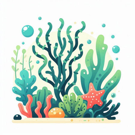 Underwater landscape with seaweed, starfish and algae. Vector illustration.のイラスト素材
