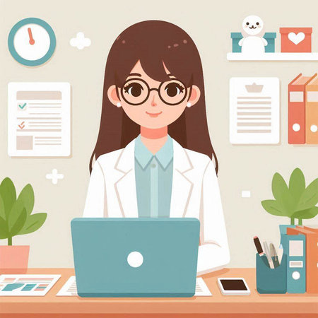 Female doctor sitting at her desk in front of a laptop. Vector illustration.のイラスト素材