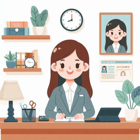 Young businesswoman in office. Vector illustration in a flat style.のイラスト素材