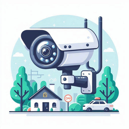 Vector illustration of security camera on white background. Flat style design.のイラスト素材