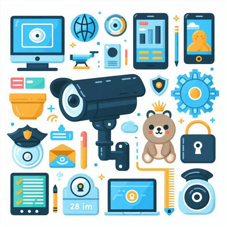 Video surveillance icons set in flat style. Security camera, security camera, video camera, video camera, padlock, security camera and other elements. Vector illustrationのイラスト素材
