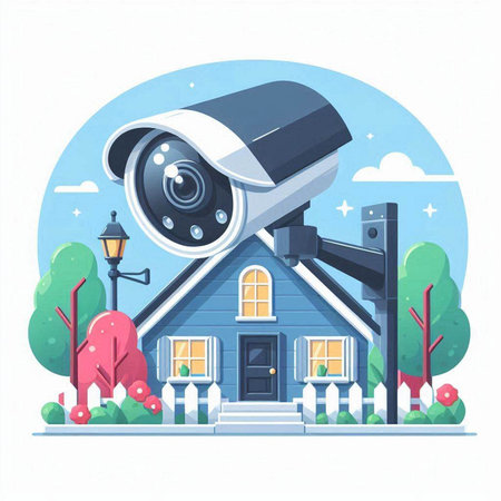 Vector illustration of a security camera on the background of the house.のイラスト素材