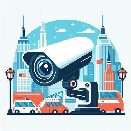 CCTV security camera on the background of the city. Vector illustrationのイラスト素材