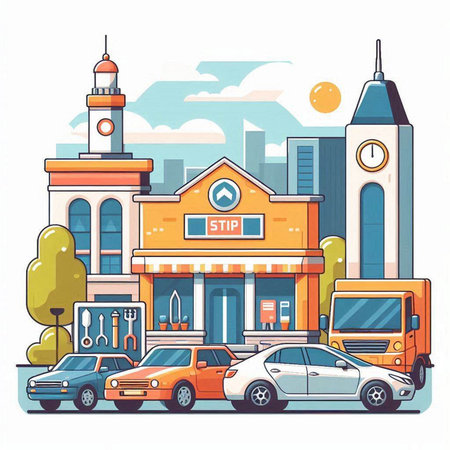 Cityscape with old buildings and cars. Vector illustration in flat styleのイラスト素材