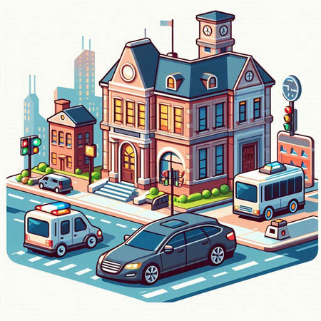 Vector illustration of a city street with cars, streets and buildings.のイラスト素材