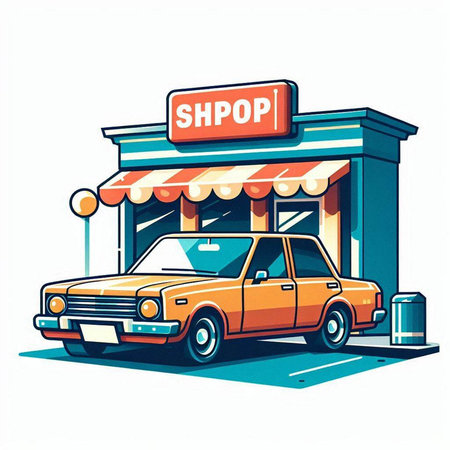 Retro car shop on the street. Vector illustration in retro style.のイラスト素材