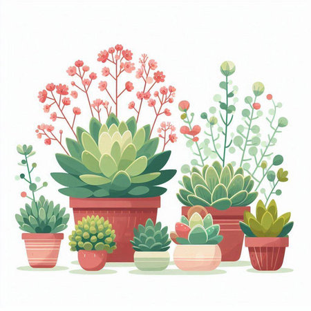 Flowerpots with succulents. Vector illustration in cartoon style.のイラスト素材