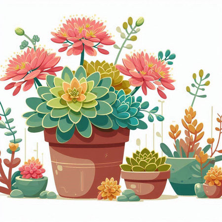 Flower garden with succulents in pots. Vector illustration.のイラスト素材
