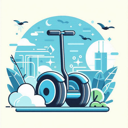Vector illustration of an electric scooter on the background of the cityのイラスト素材