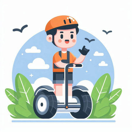 Boy riding electric scooter. Vector illustration in cartoon style on white background.のイラスト素材