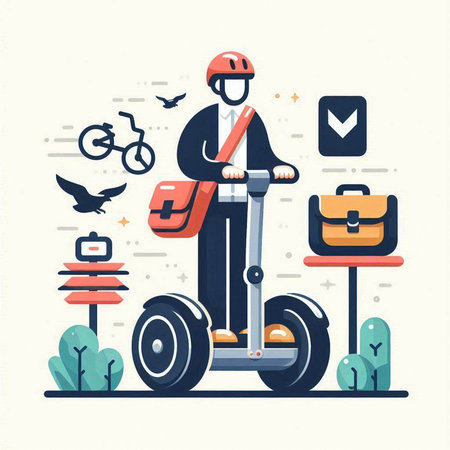 Vector illustration of a man riding an electric scooter. Flat style design.のイラスト素材