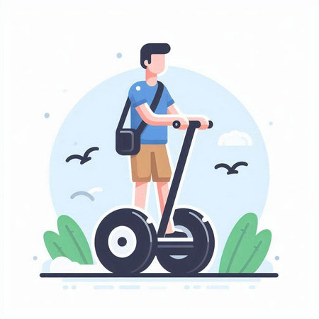 Young man riding electric scooter in park. Flat vector illustration.のイラスト素材