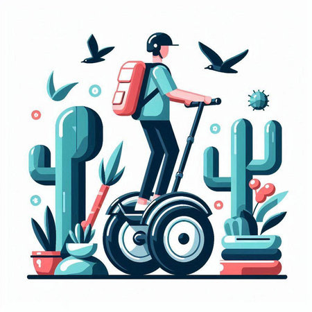 Vector illustration of a man riding an electric scooter in the desert, flat style.のイラスト素材