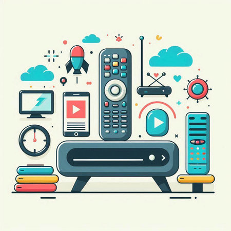 Modern flat design vector illustration concept of remote control, media player, multimedia, video player, multimedia, multimedia, entertainment and technology.のイラスト素材