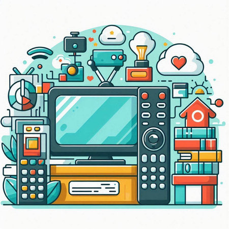Flat line design vector illustration concept of remote control and home entertainment technology.のイラスト素材