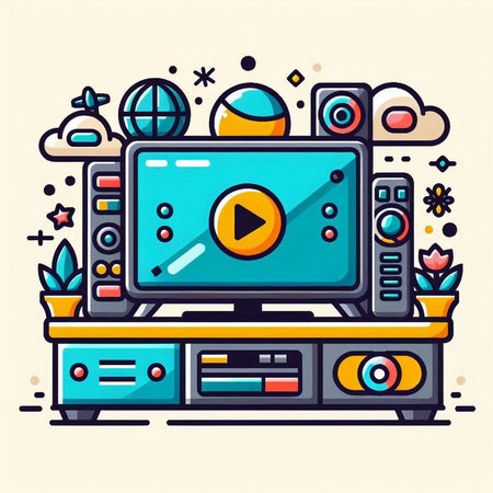Vector illustration of home entertainment flat line art design. Video player, tv, home theater, video player, remote control.のイラスト素材