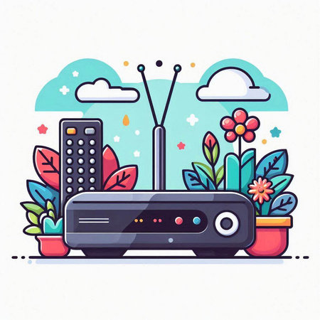Modern flat design vector illustration concept of remote control, tv, home appliances and flowers.のイラスト素材