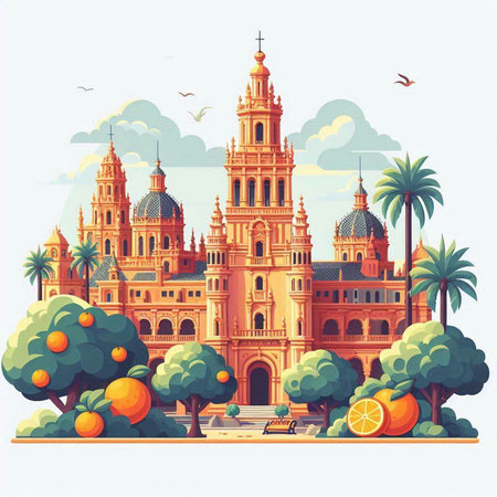 Seville Spain Plaza de Espana. Vector illustration in flat styleのイラスト素材