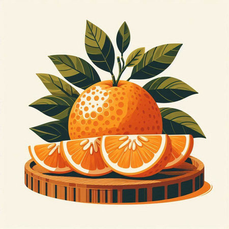 Orange fruit with leaves on a round wooden stand. Vector illustration.のイラスト素材