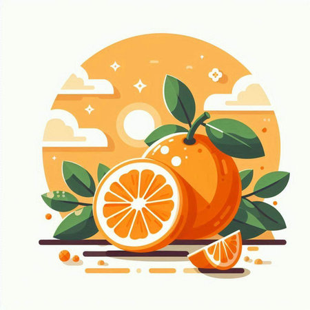 Orange fruit with leaves on a background of the sunset. Vector illustrationのイラスト素材