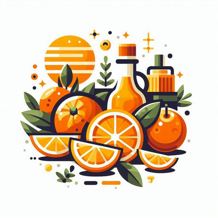 Orange juice in bottle with citrus fruits and leaves. Vector illustration.のイラスト素材
