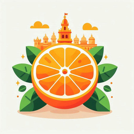 Vector illustration of a juicy orange on a white background with green leaves.のイラスト素材