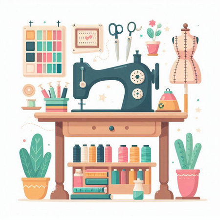Sewing workshop. Sewing machine and tools. Vector illustrationのイラスト素材