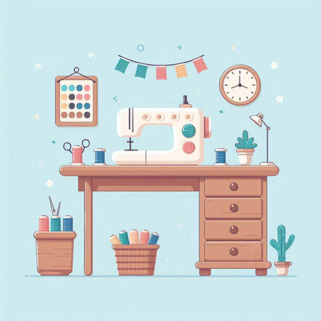 Sewing workshop. Sewing machine. Vector illustration in flat styleのイラスト素材