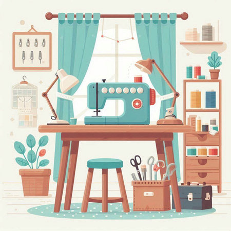 Sewing workshop interior. Sewing machine, tools and accessories. Flat vector illustrationのイラスト素材