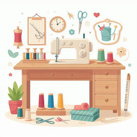 Sewing workshop. Sewing machine, scissors, threads, buttons and other tools. Vector illustrationのイラスト素材