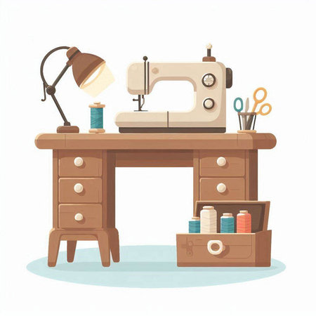 Sewing table with sewing machine and accessories. Vector illustration.のイラスト素材