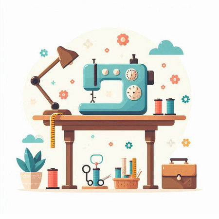 Sewing machine with tools and accessories. Flat vector illustration.のイラスト素材