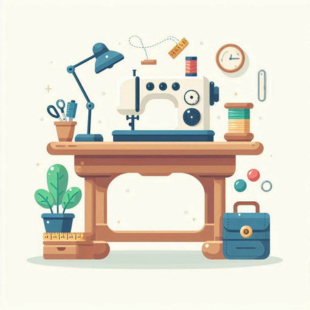 Sewing workshop. Sewing machine and tools. Vector illustrationのイラスト素材