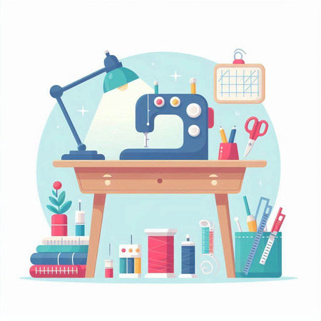 Sewing tools. Vector illustration in flat style. Workplace of tailor.のイラスト素材