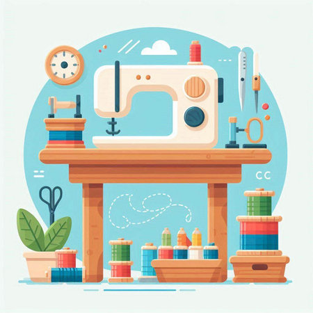 Sewing workshop. Sewing machine and tools. Vector illustrationのイラスト素材