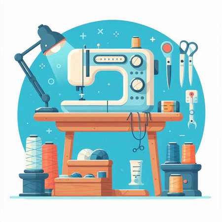 Sewing machine and tools. Vector illustration in flat style.のイラスト素材