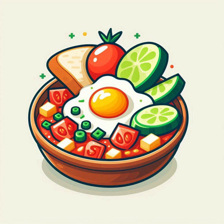 Vegetable salad in a bowl with fried egg. Vector illustration.のイラスト素材
