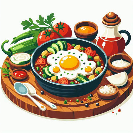 Fried eggs with vegetables in a frying pan. Vector illustration.のイラスト素材