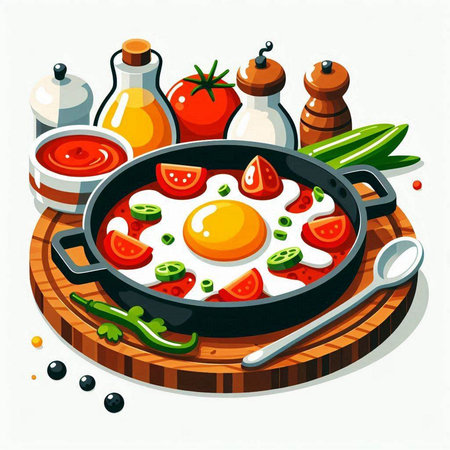 Fried eggs in a frying pan with vegetables and spices. Vector illustration.のイラスト素材
