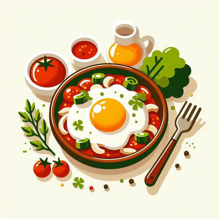 Fried egg with vegetables and herbs in a plate. Vector illustration.のイラスト素材