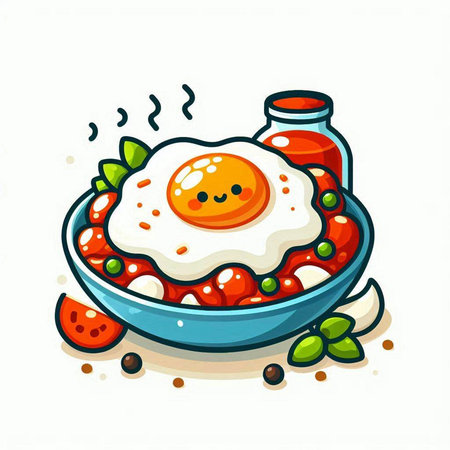 Fried egg with tomato sauce in a bowl. Vector illustration.のイラスト素材