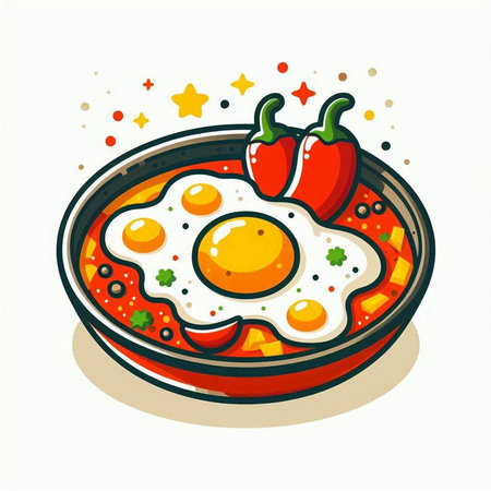 Fried egg with chili pepper in a bowl. Vector illustration.のイラスト素材