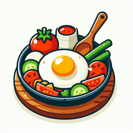 Fried egg with vegetables in a frying pan, vector illustration.のイラスト素材