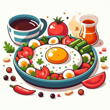 Healthy breakfast with fried eggs, vegetables and coffee. Vector illustration.のイラスト素材