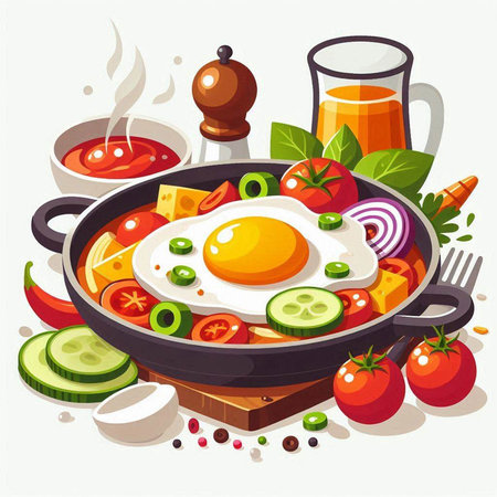 Fried eggs with vegetables in a frying pan. Vector illustration.のイラスト素材