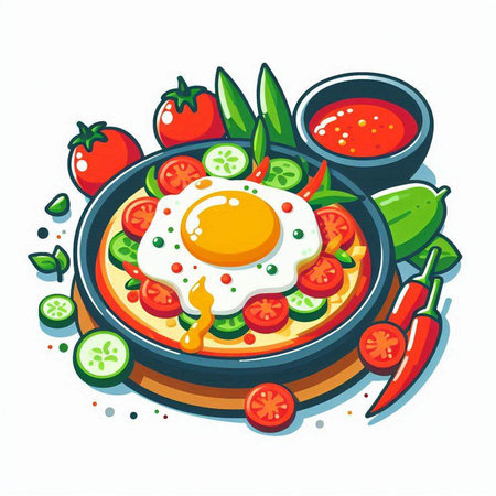 Fried egg in frying pan with vegetables and sauce. Vector illustration.のイラスト素材