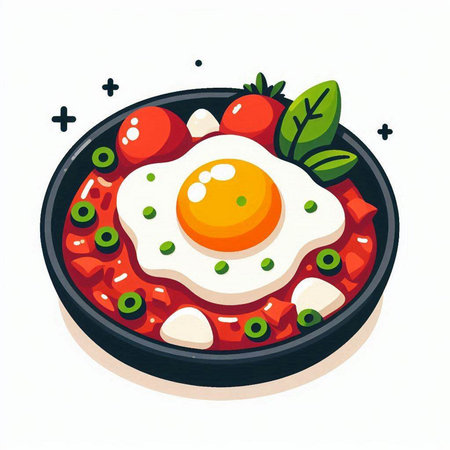 Fried egg in a frying pan with vegetables. Vector illustration.のイラスト素材