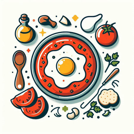 Fried egg with vegetables and spices. Vector illustration in flat styleのイラスト素材