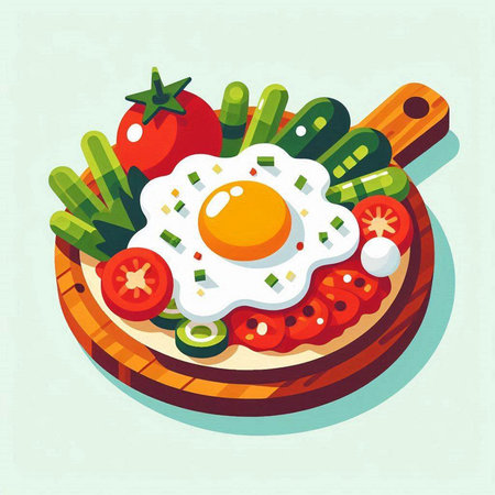 Fried egg with vegetables on a round plate. Vector illustration.のイラスト素材
